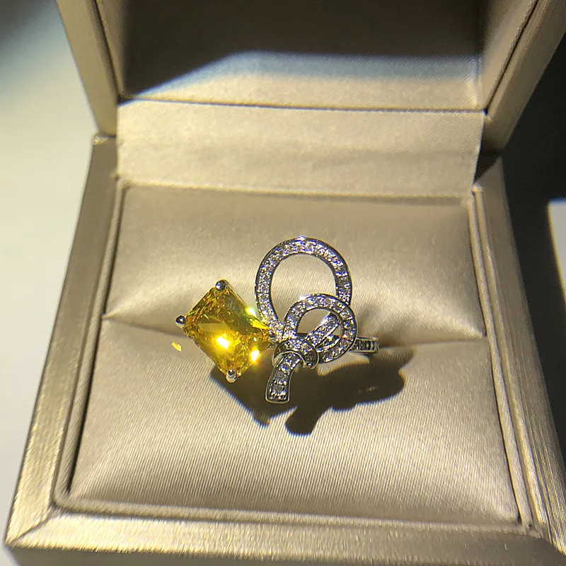 Trendt Delicate Bowknot Silver Ring for Women Square Cut Dazzling Zircon Inlaid Female Cocktail Party Wedding Jewelry | Украшения и