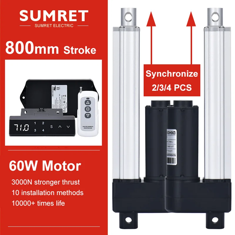 

0-800MM Adjustable Stroke Electric Linear Actuator Kit AC220V 2CH With Hall Controller 3000N DC12V 24V Motor Lift TV Synchronous