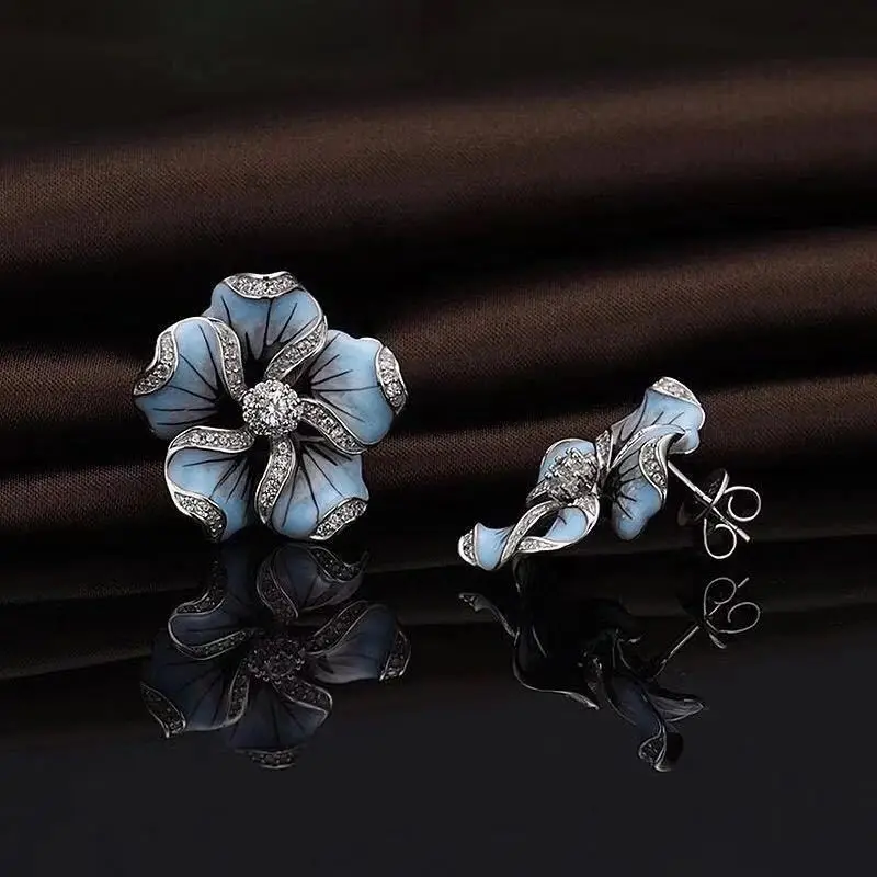 New Elegant Ladies Shiny Zircon Crystal Blue Lotus Tree Small Stud Earrings For Women Wedding Statement Brincos Jewelry Gifts | Украшения и
