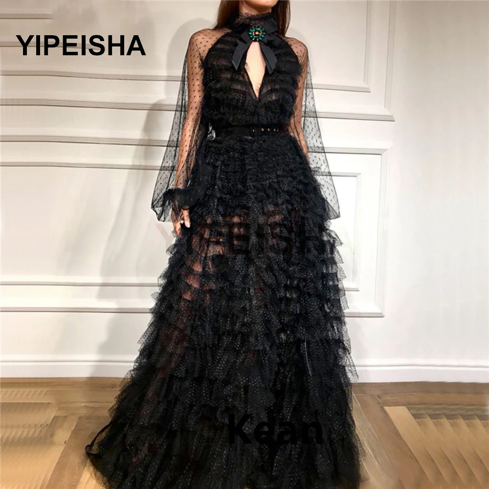 

Sexy Black High Neck See-Through Evening Dress Tulle Long Sleeves Bow A-Line Tiered IIIusion Prom Party Gown robes de soirée