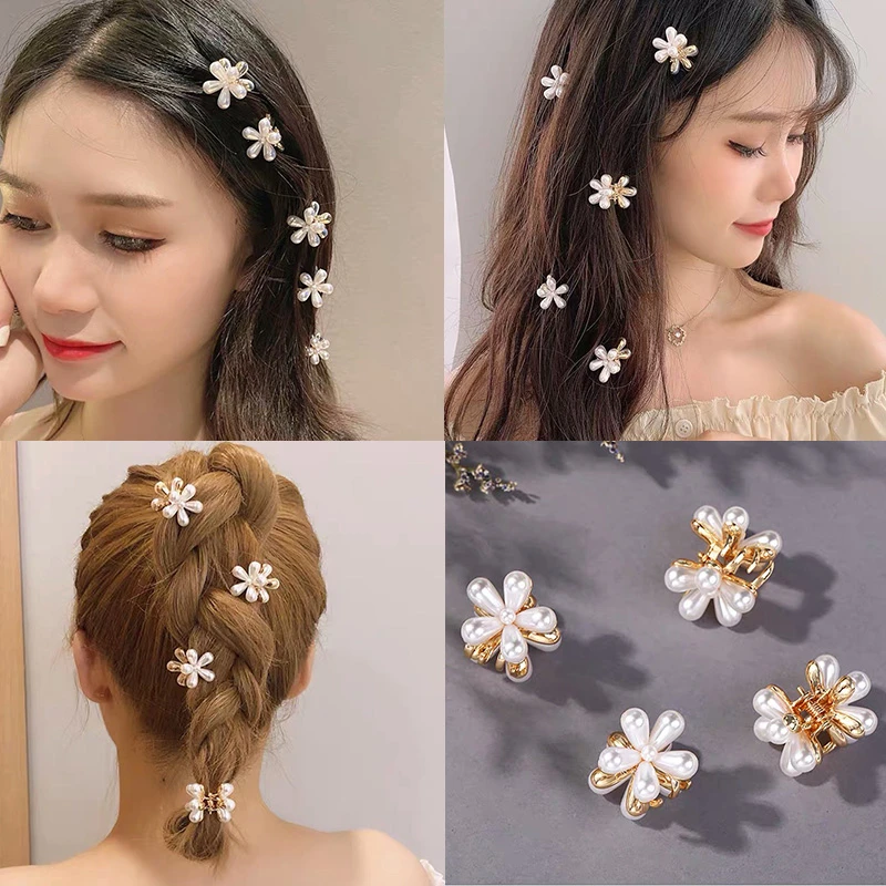 

2020 New Fashion Mini Pearl Hair Claws for Women Korean Small Flower Clips Set Hair Accessories Gold Crab Girls Headwear Wedding