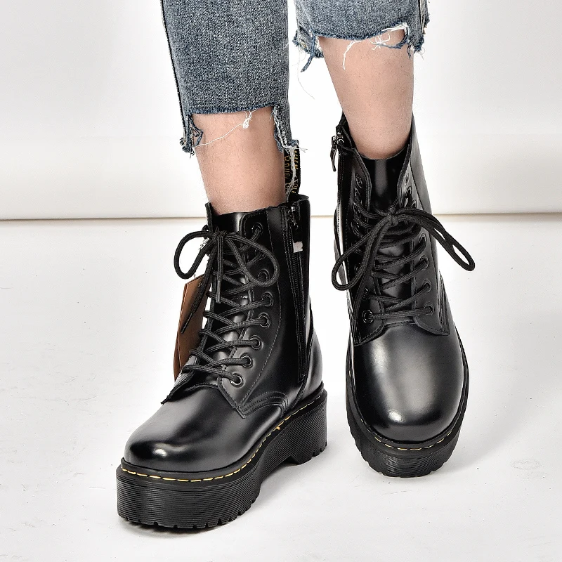 

Platform Boots Women Shoes 2020 New Black Leather Ankle Boots Women Punk Shoes Thick Bottom Motorcycle Boots