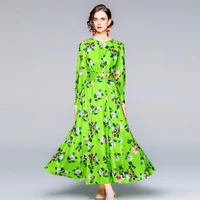autumn new vintage printed dress socialite style elegant vacation dress women sashes zipper ankle length office lady dresses