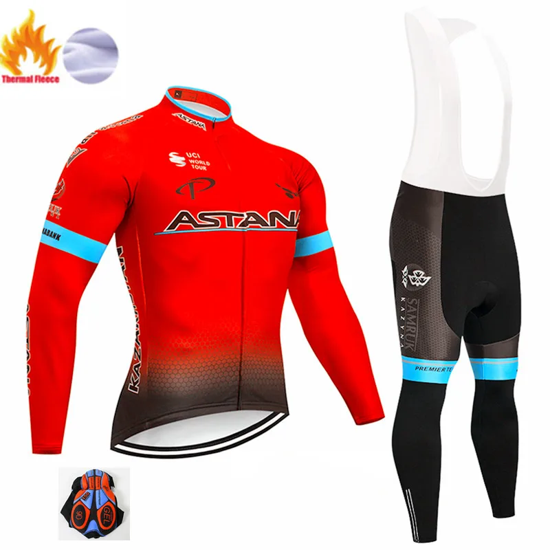Winter suit Флуоресцентный зеленый Астана Ropa Ciclismo Invierno Зимний Велоспорт Джерси термальный флис с длинным рукавом Велоспорт одежда Набор велосипед одежда - Цвет: Winter suit