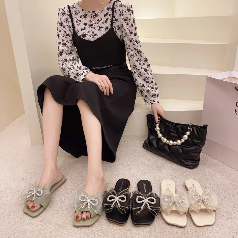 

Female Shoes Slippers Flat Slides Low String Bead Fashion 2021 Luxury Rubber PU Rome Fabric Basic Flat Shoes Female Low Woman's