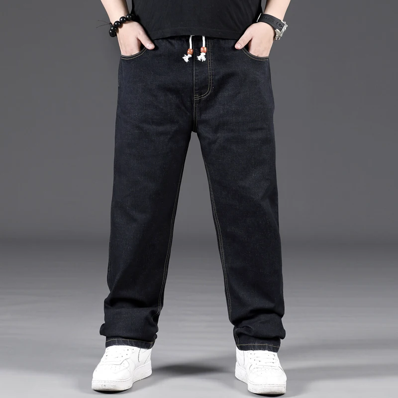 Plus Size Mens Baggy Jeans Men Casual Black Loose Straight Elastic Waist Drawstring Denim Pants