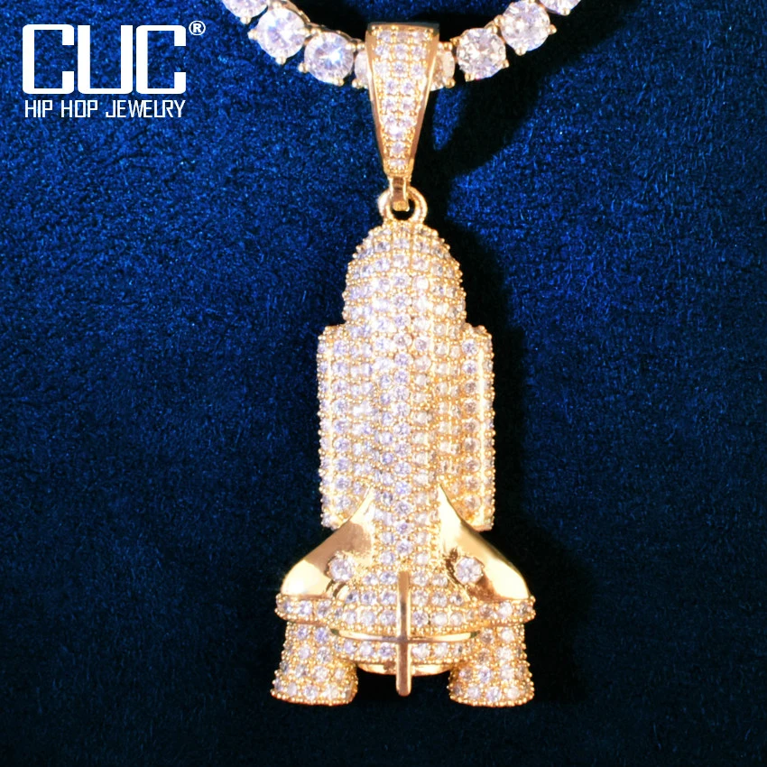 

Rocket Shape Gold Color Pendant Men's Hip Hop Necklace Chain Hollow Back Bling Cubic Zircon Fashion Rock Rapper Jewelry