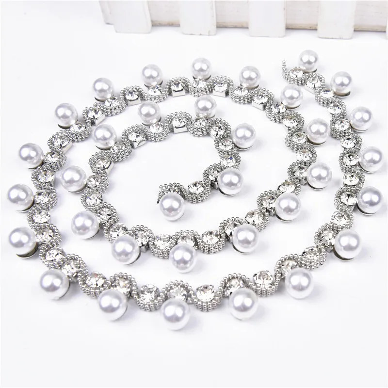 1 ярд Костюм с аппликацией вращающаяся Стразы белым жемчугом Серебряная отделка