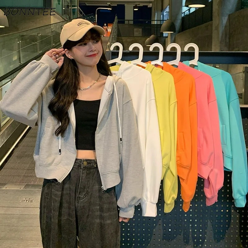 

Hoodies Women Solid Pockets Zip-up Leisure Cropped All-match College Simple Cozy Streetwear Stylish New Elegant Korean Style Ins
