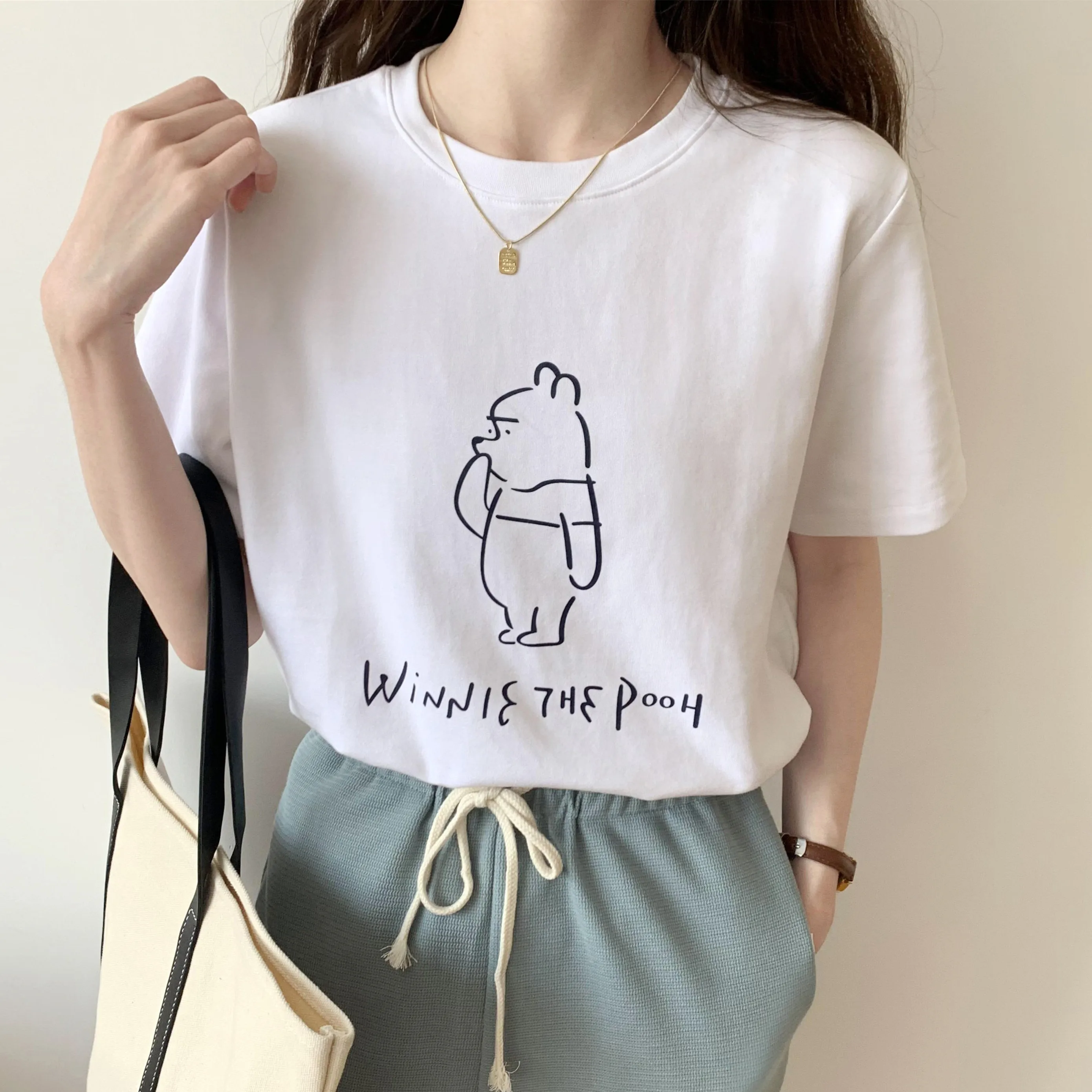 С буквенным принтом и медведя из твердой Цвет круглый ворот короткий рукав