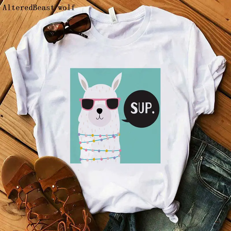 2019 ламы футболка для женщин kawaii с ламой Рождество Топы коротким рукавом принтом в