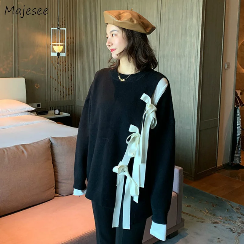 

Women Pullovers Knitted Bow Design Loose Drop Sleeve Korean Style Students Sweet Lazy Chic Harajuku Ins Spring Autumn Sweaters