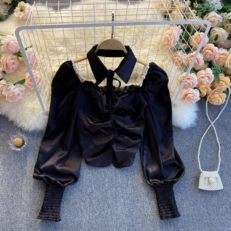 

female design feeling small fold cultivate morality short hollow out all their neck hung fashionable joker satin blouse