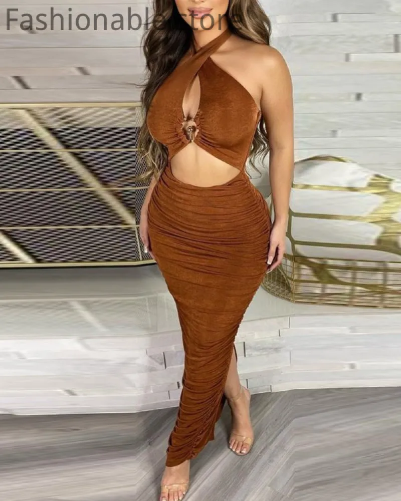 

Женское сексуальное однотонное облегающее платье с лямкой на шее, вырезом спереди и рюшами