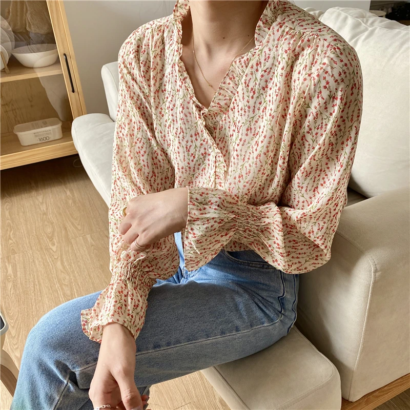 

HziriP Summer Office Lady Ruffles Sweet Girls All Match V-Neck 2021 New Arrival Hot Elegance Florals Printed Gentle Shirts