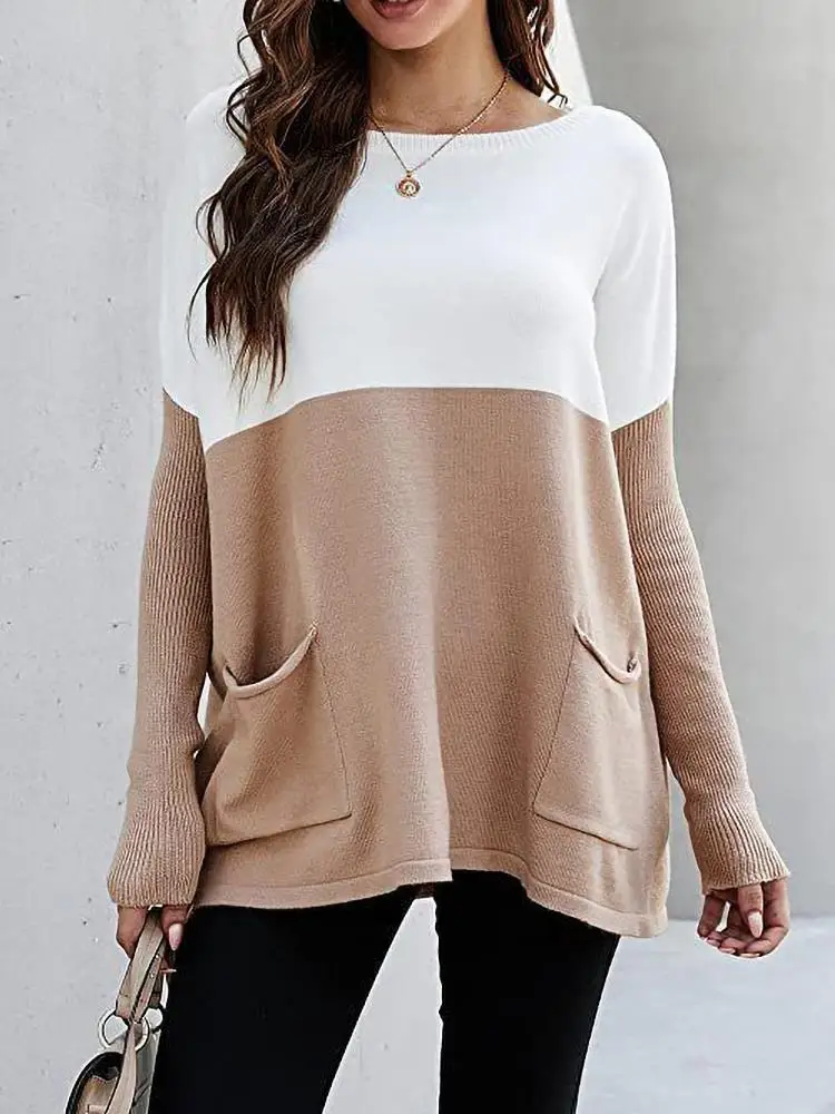 Женский свитер осенний Новый стиль белый вязаный пуловер абрикосового цвета с