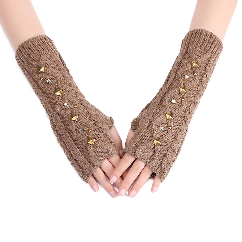 

Women Autumn Winter Knitted Fingerless Gloves Arm Warm Rivet Glove Driving Gloves Lady's Warm Knitted Long Glove