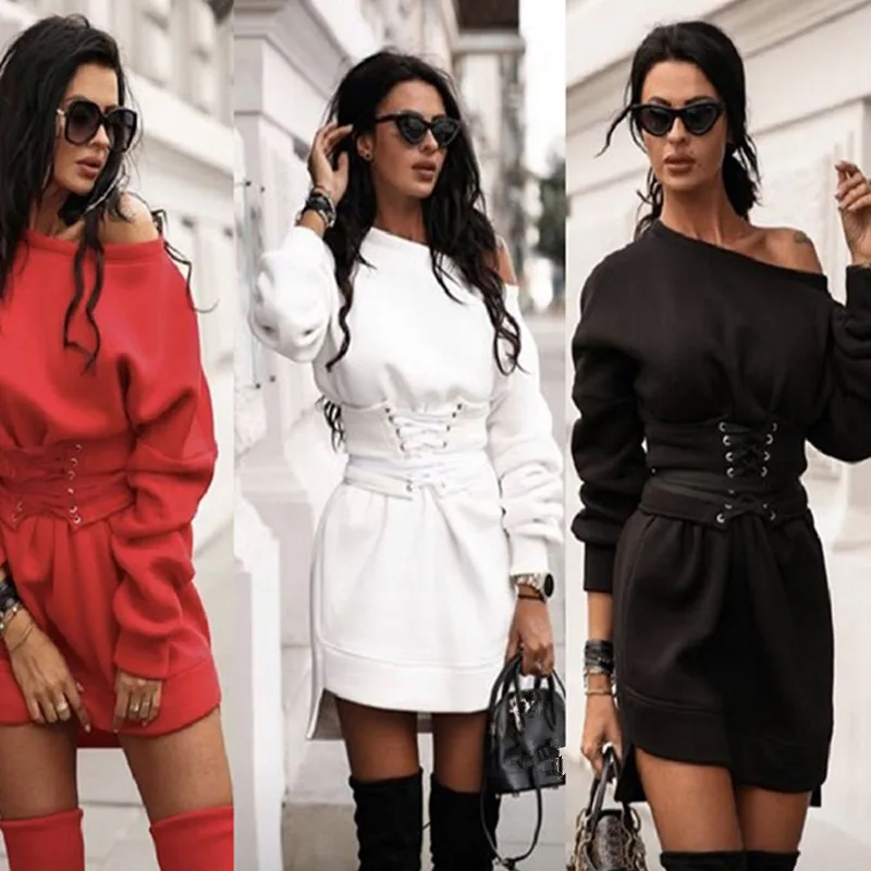

Bikoles 2021 Autumn Winter New Fashion Sexy Casual O Neck Long Sleeve Loose Solid Empire Belt Women Sweatshirt Dress Lady Basic