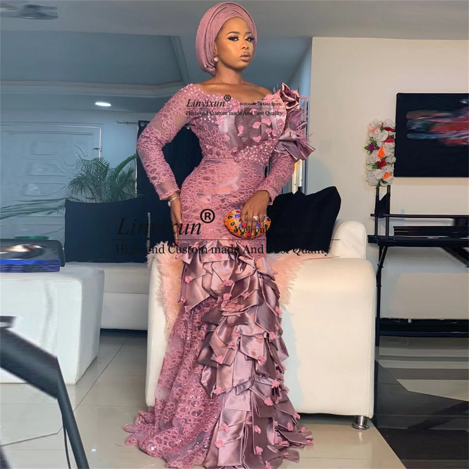 

Aso Ebi Mermaid Evening Dresses Long Sleeves Tiered Pleats Lace Beads Sequins Plus Size Prom Dress Aso Ebi Prom Party Gowns