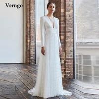 verngo elegant long sleeves a line wedding dress deep v neck backless bridal gown strecth satin and lace wedding gown plus size