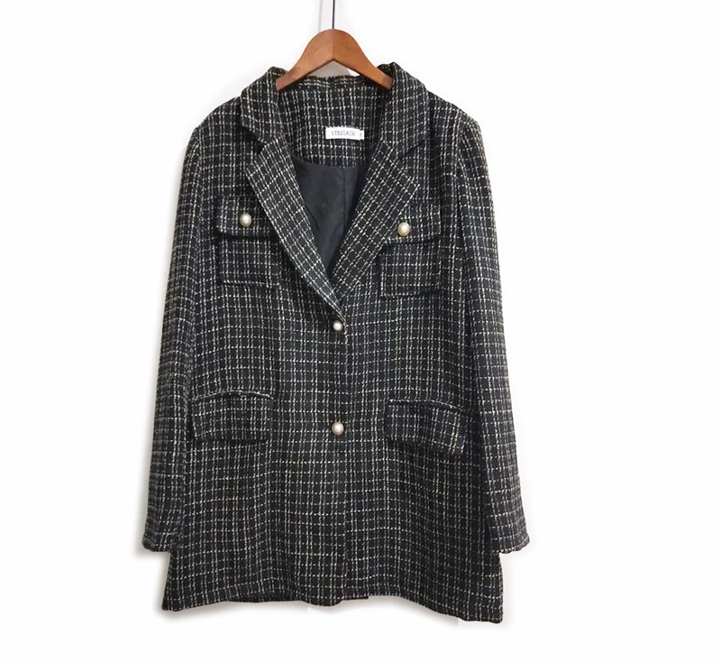 

Black/Beige plaid jacket holiday leisure 2020 autumn women's jacket new loose Long Sleeve Business ladies One Piece Jacket Coat