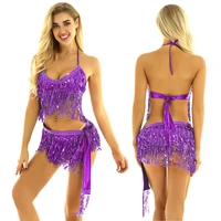 2pcs womens shiny sequin tassels belly dance costume set halter neck and back tie up bra top with hip scarf wrap skirts
