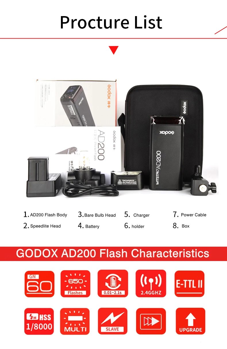 Godox AD200 комплект 200Ws 2,4G ttl карманная вспышка стробоскоп 1/8000 HSS Беспроводная монолайт 2900mAh литиевая батарея и голая лампочка/Speedlite