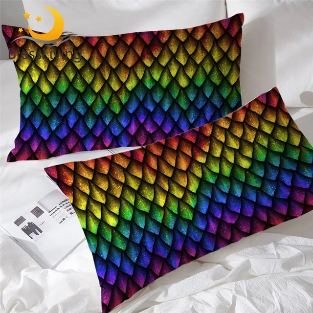 BlessLiving Dragon Scales Pillowcase Rainbow Decorative Pillow Case Luxury Colorful Bed Pillowcase Cover One Pair 50cmx75cm 1