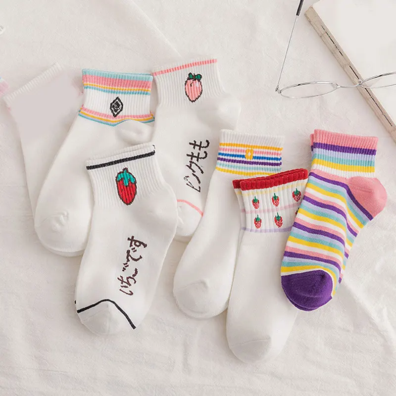 

Ankle socks striped funny strawberry peach cool white kawaii harajuku cute women chaussette femme korean style meias cotton sock