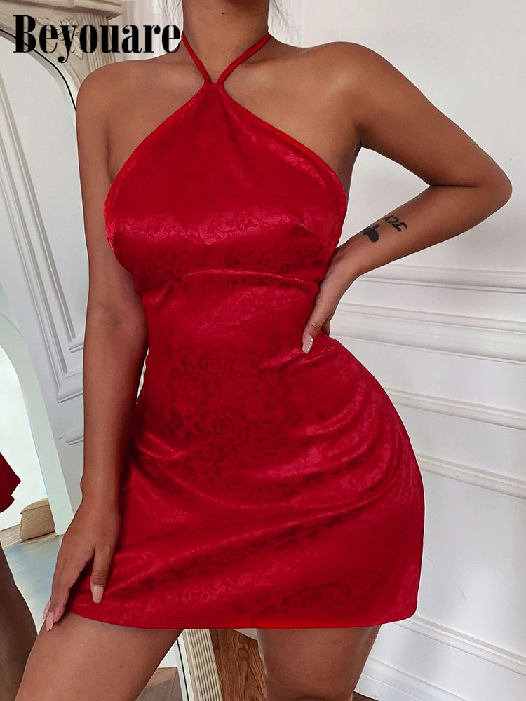 

Beyouare Fashion Women Mini Dress Satin Jacquard Halter Backless Sleeveless Lace Up Sexy Bodycon Party Female Dress Autumn 2021