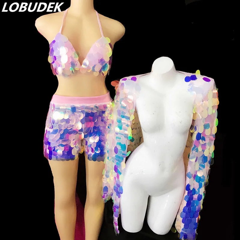 3 Pieces Set Розово-фиолетовый(бюстгальтер+ шорты+ пальто) Блестящий блестящий комплект из 3 предметов леди певец танцевальный сценический наряд Бар ночной клуб костюм для танцев выступлений - Цвет: 3 Pieces Set