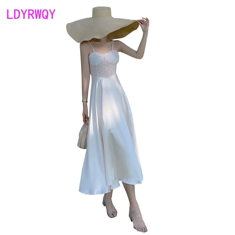 

LDYRWQY Dress of lace of satin condole belt accepts waist to show thin temperament socialite French V-Neck Office Lady