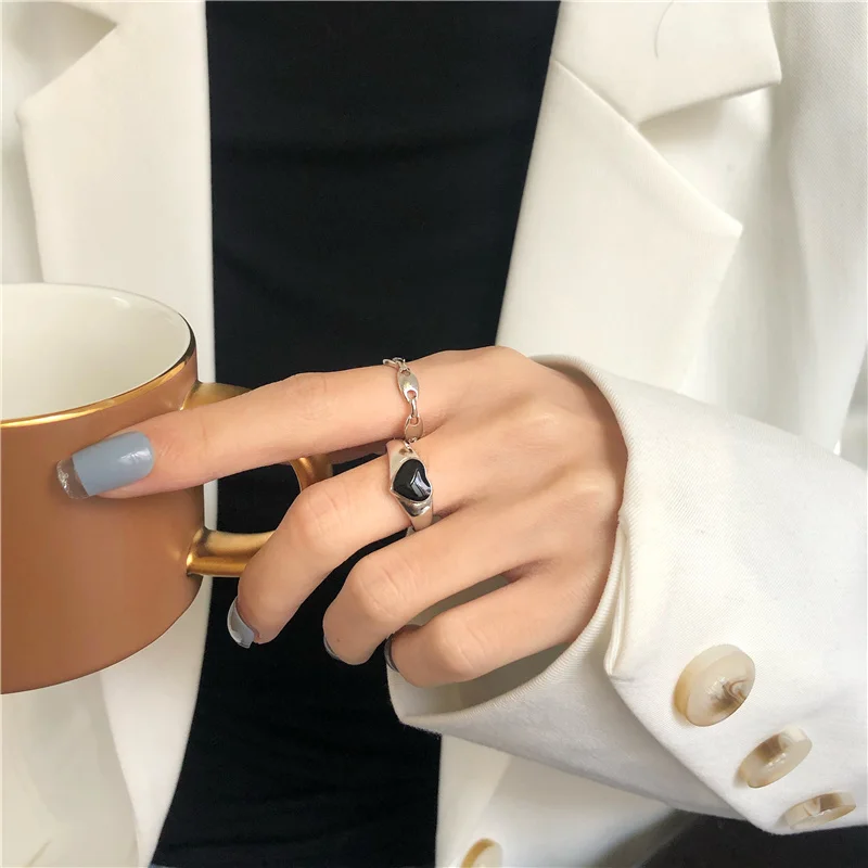 Простое модное украшение: две сердца, кольцо, высокое качество, серебряное покрытие, черный палец для девочки, женщины, подарочный набор, новый.