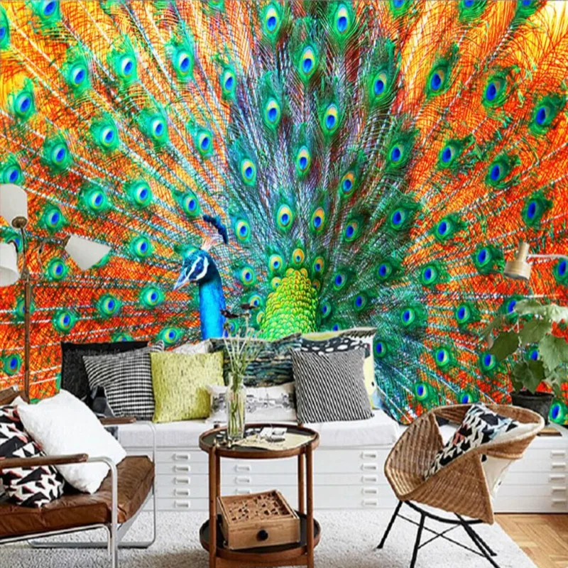 Drop Shipping Photo Wallpaper 3D Stereo Custom Beautiful Peacock Open Screen Modern TV Backdrop Lobby Studio Mural | Обустройство
