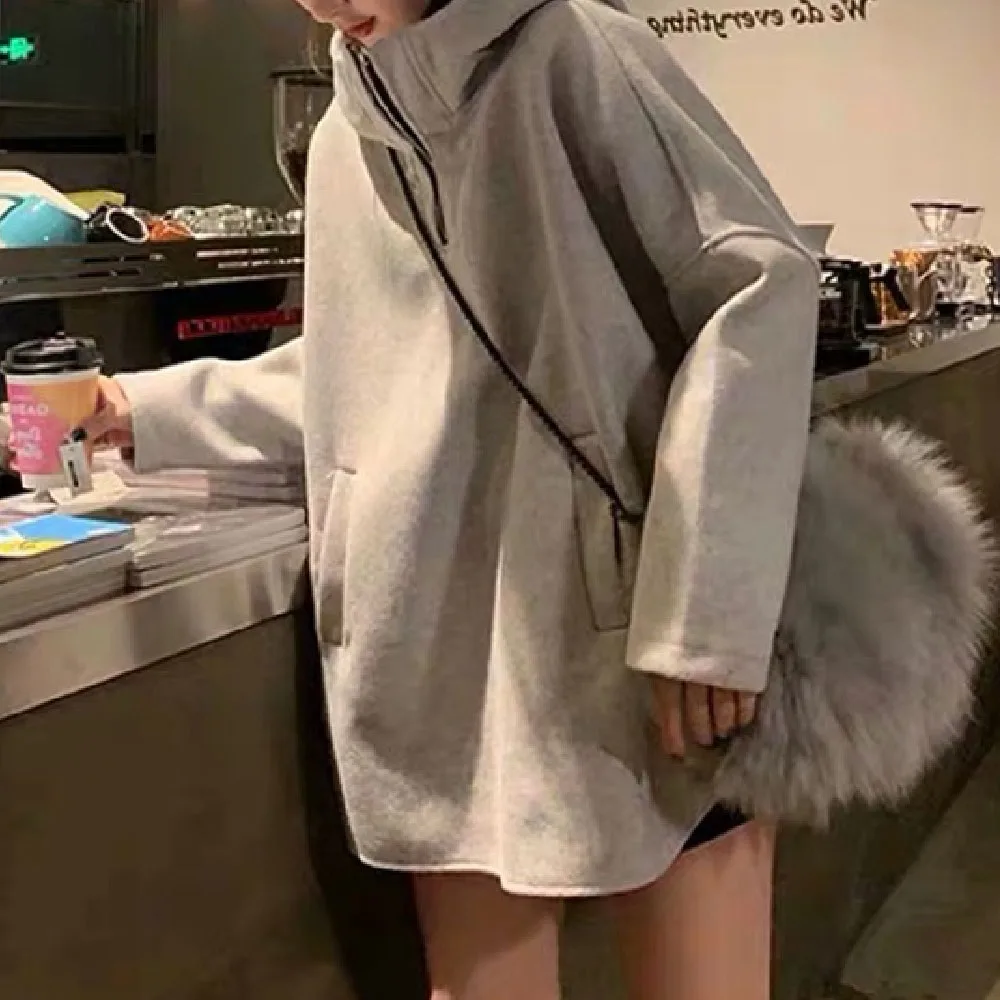 

Hoodies New Harajuku Style Fashion Half Zipper Street Wear Large Size Mid-length Hooded Pullover Gray Female Autumn And Winter