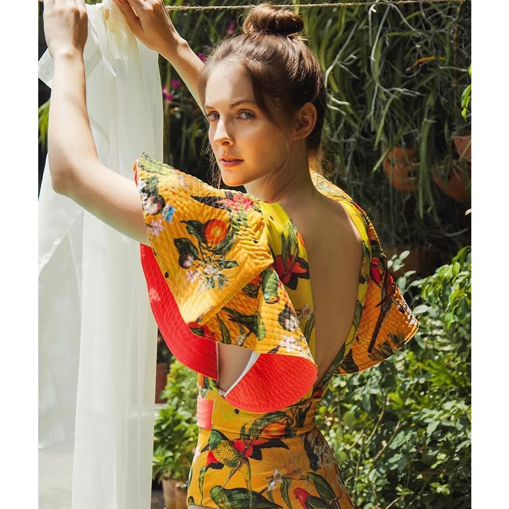 

2021 New Sexy Ruffle Print Floral One Piece Swimsuit Blue and white porcelain Swimwear Women Bathing Suit Deep-V Beachwear