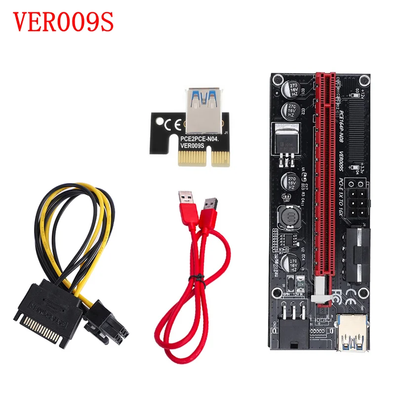 Двойной светодиодный кабель VER009S PCI-E Riser Card 009S PCI Express 1X to 16X удлинитель USB3.0 с 6-контактным интерфейсом для майнинга биткойнов