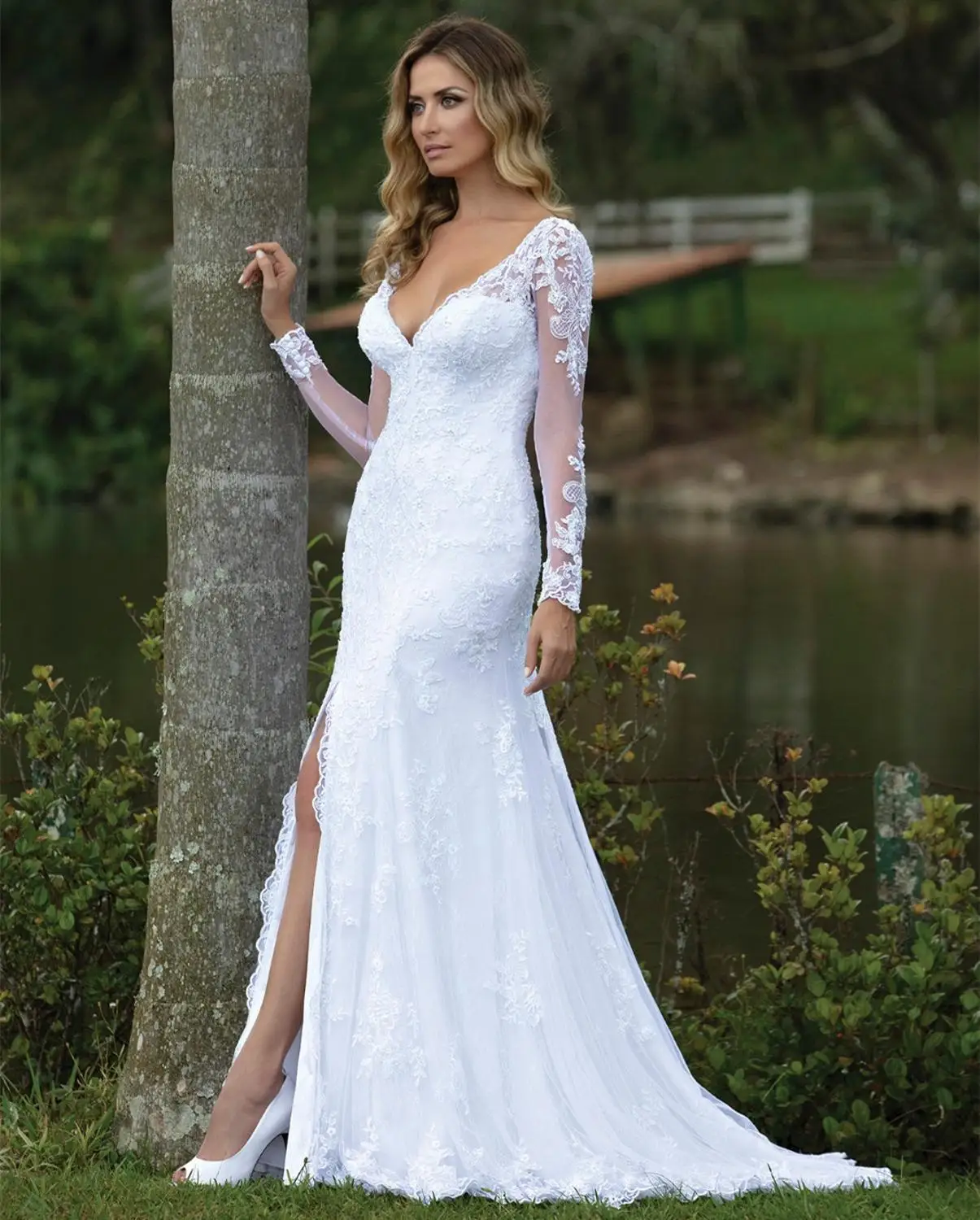 

Custom Made Wedding Dresses Mermaid V-neck Long Sleeve Slit Leg Tulle Lace Luxury Sexy Wedding Gown 2020 New Design HS44