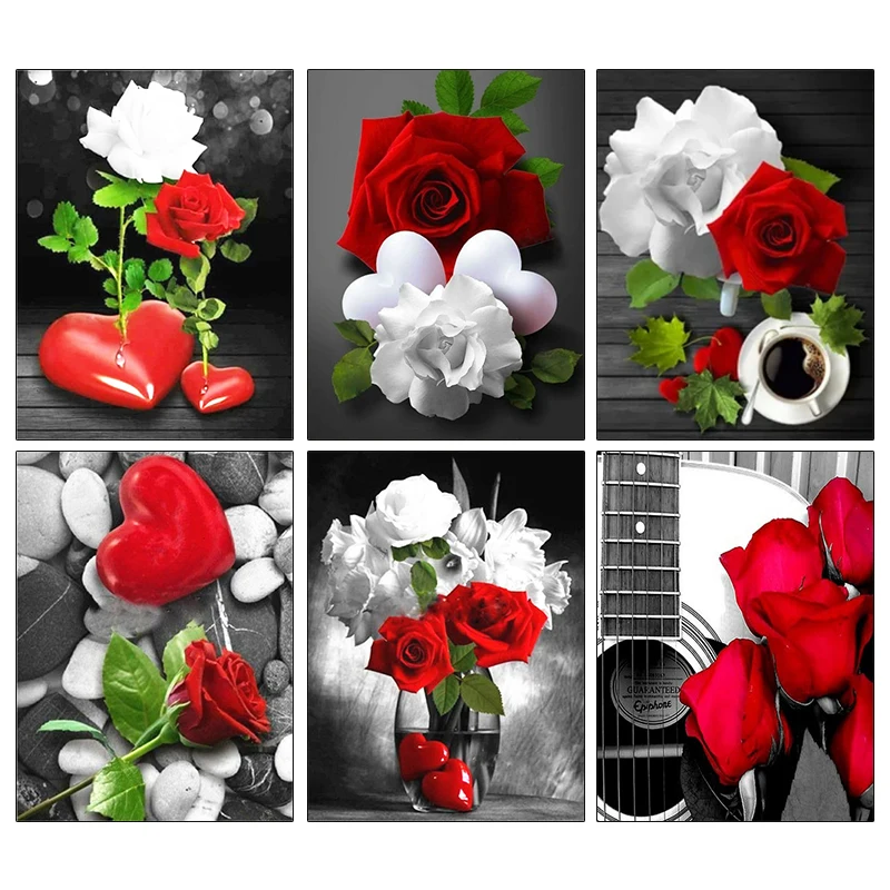 

AMPHIBOLE 5D DIY Diamond Painting Rose Full Square Diamond Embroidery Flower Black And White Mosaic Rhinestone Home Decor Gift