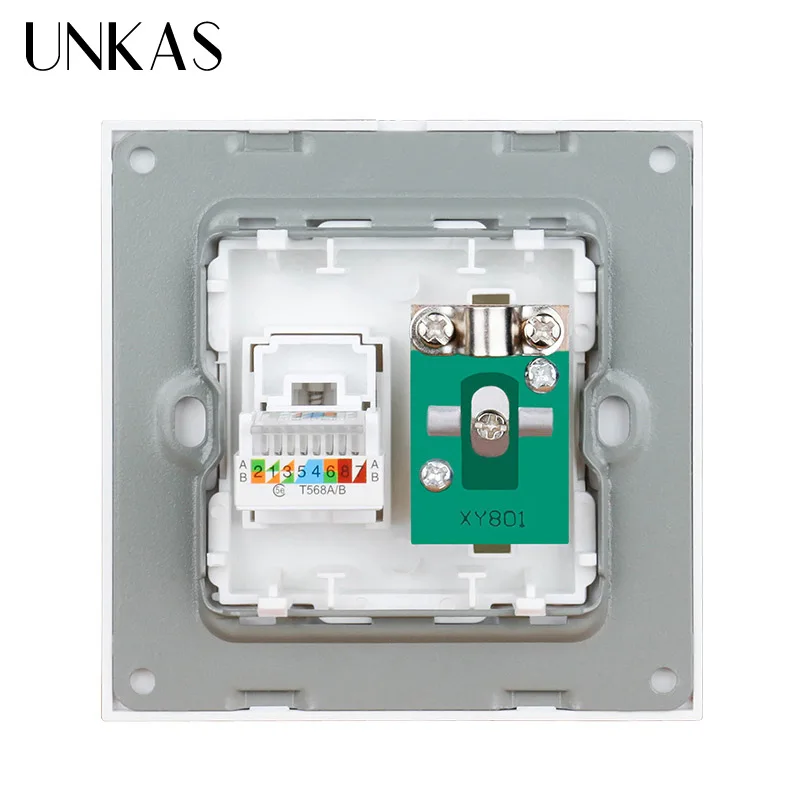 UNKAS White Luxury Crystal Glass Panel RJ45 Internet Data Computer Jack CAT5E Connector With Female TV Outlet Wall Socket | Обустройство