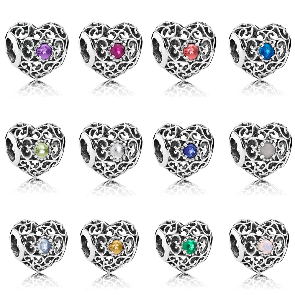 

925 Sterling Silver Twelve Months 12 Color Heart Shape Beads For Original Pandora Charms Women Bracelets & Bangles Jewelry