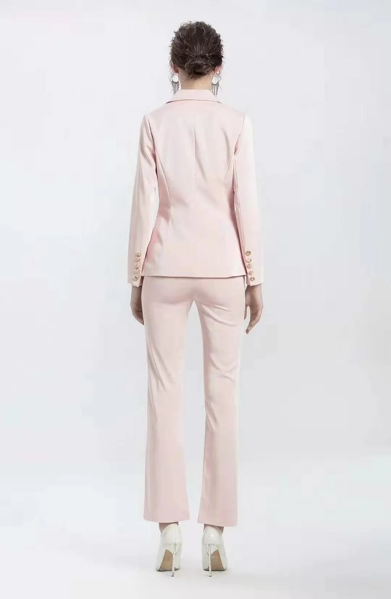 

High Quality Blazer Sets 2020 Spring Autumn Notched Collar Golden Button Blazer Coats+Full Length Pink Black Pant Sets Female