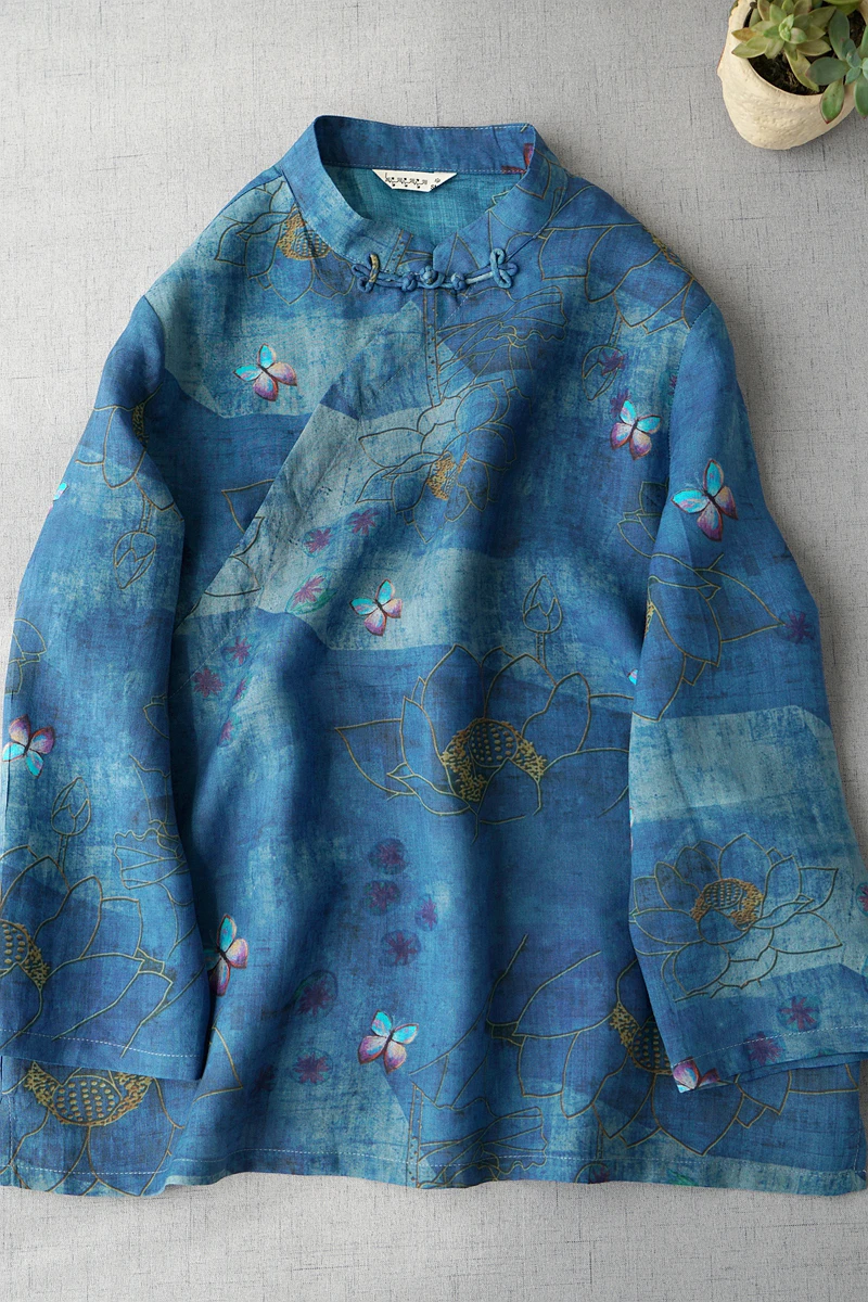 

Spring Summer Women Loose Chinese Style Buttons Slant Opening Print Comfortable Water Washed Thin See-through Ramie Tops Shirt