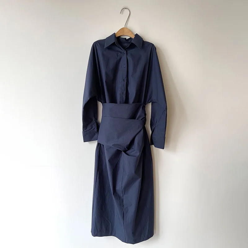 

GALCAUR Pleated Solid Korean Fashion Dress Women Summer Lapel Collar Long Sleeve High Waist Midi Dresses Female 2021 New Clothes