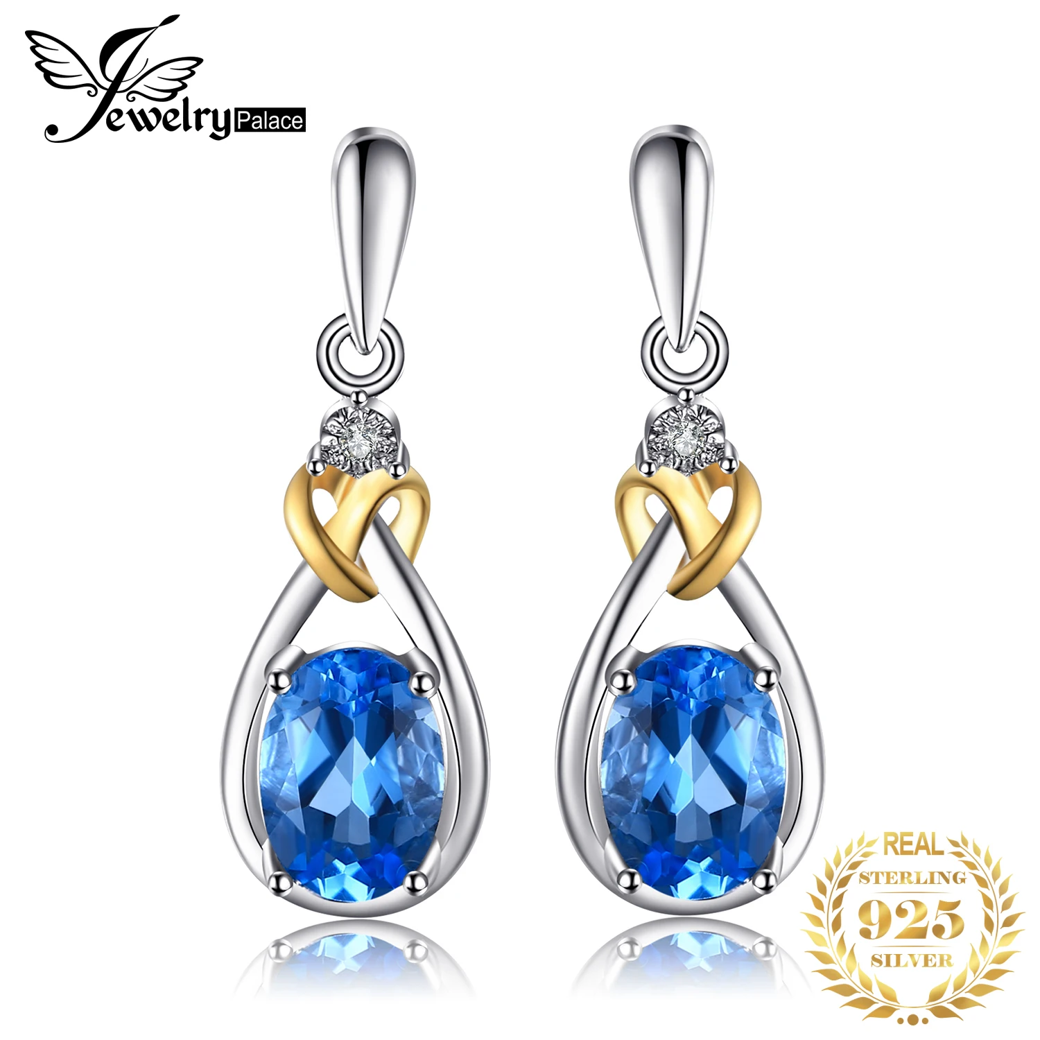 Jewelrypalace Любовь Узел 1.9ct Природный Голубой топаз алмаза акцентировано стерлингового серебра 925 18 К золото Длинные висячие серьги Красивые ювелирные изделия