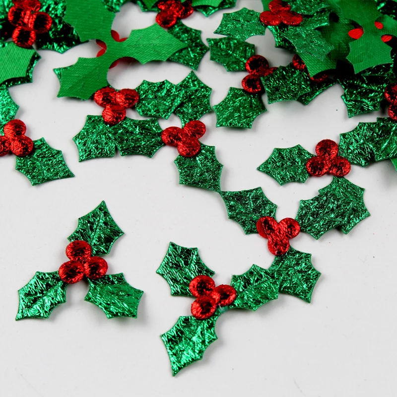 100pcs/Pack Christmas Decoration Holly Berries and Leaves Appliques Laser Green Leaves Christmas Tree Table Decor DIY Craft