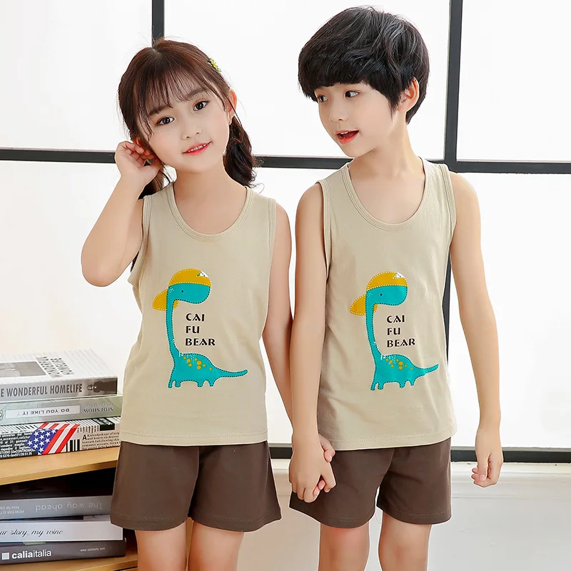 Летний Пижамный комплект для мальчиков и девочек детская одежда костюмы жилет