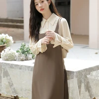 new spring and autumn age reduction college style retro french suspender skirt shirt dress two piece suit polo collar