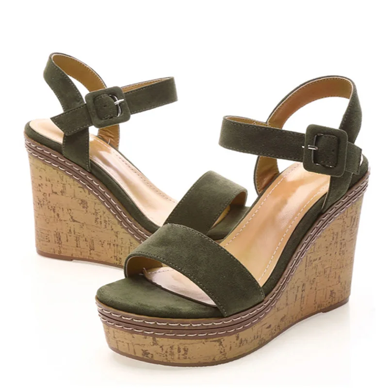 

Sandals Women Mouth Toe Wedges Shoes For Women Line Buckle Platform Summer Wood Grain High Heel Chaussure Femme