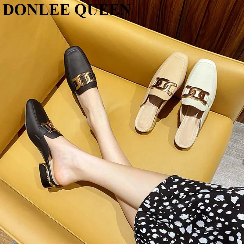 

Brand Metal Chain Slippers Fashion Square Toe Low Heels Mule Shoes Women Flat Casual Slides British Loafer Zapatillas Mujer 2021